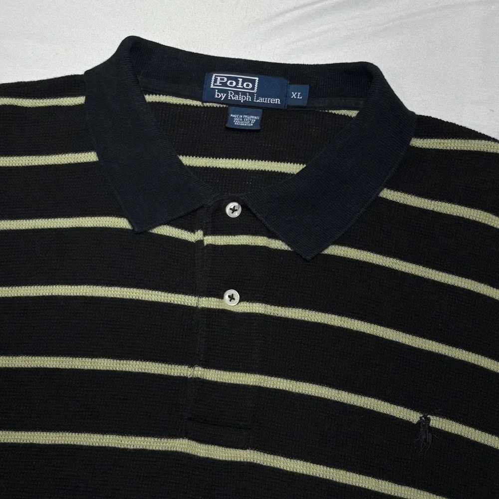 Polo Ralph Lauren Polo Shirt Men XL Black Yellow Striped Waffle Knit Preppy Logo